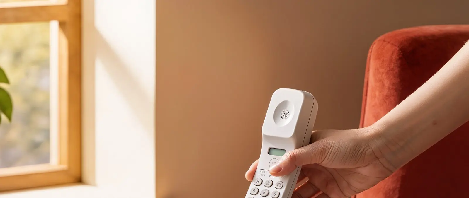 窓辺で電話の受話器を取る手もと(イメージ)