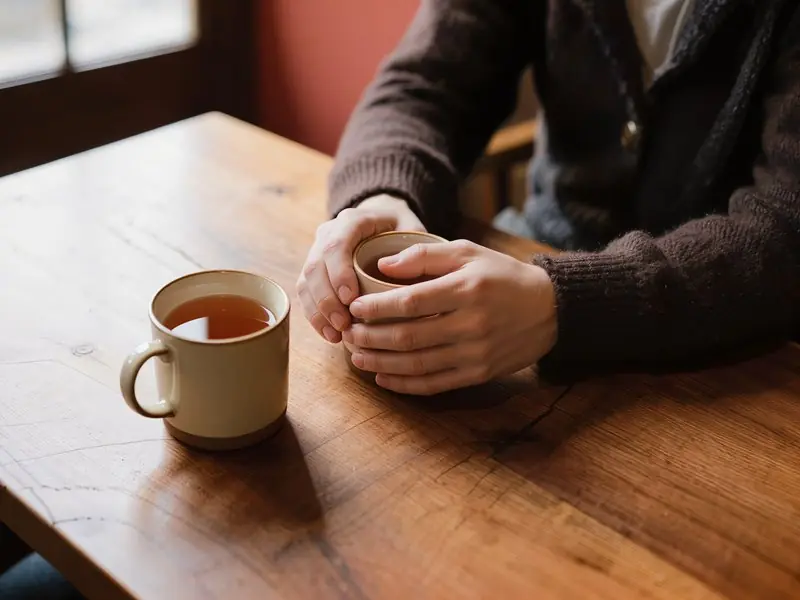 テーブルをはさんで、お茶を手にする二人(イメージ)